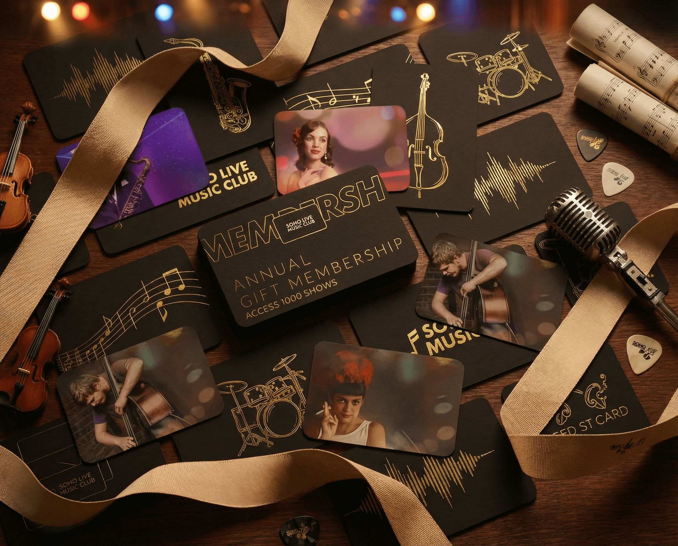 Collection of music-themed gift cards on a wooden surface with musical instruments and ribbons.