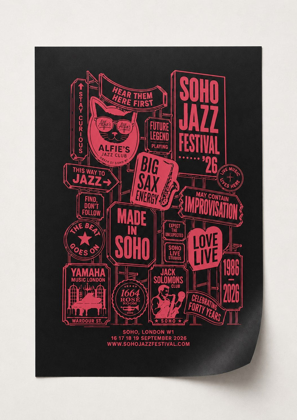The 40th Print, Soho Jazz Festival 2026 A2 art print, watermelon sign stack on black