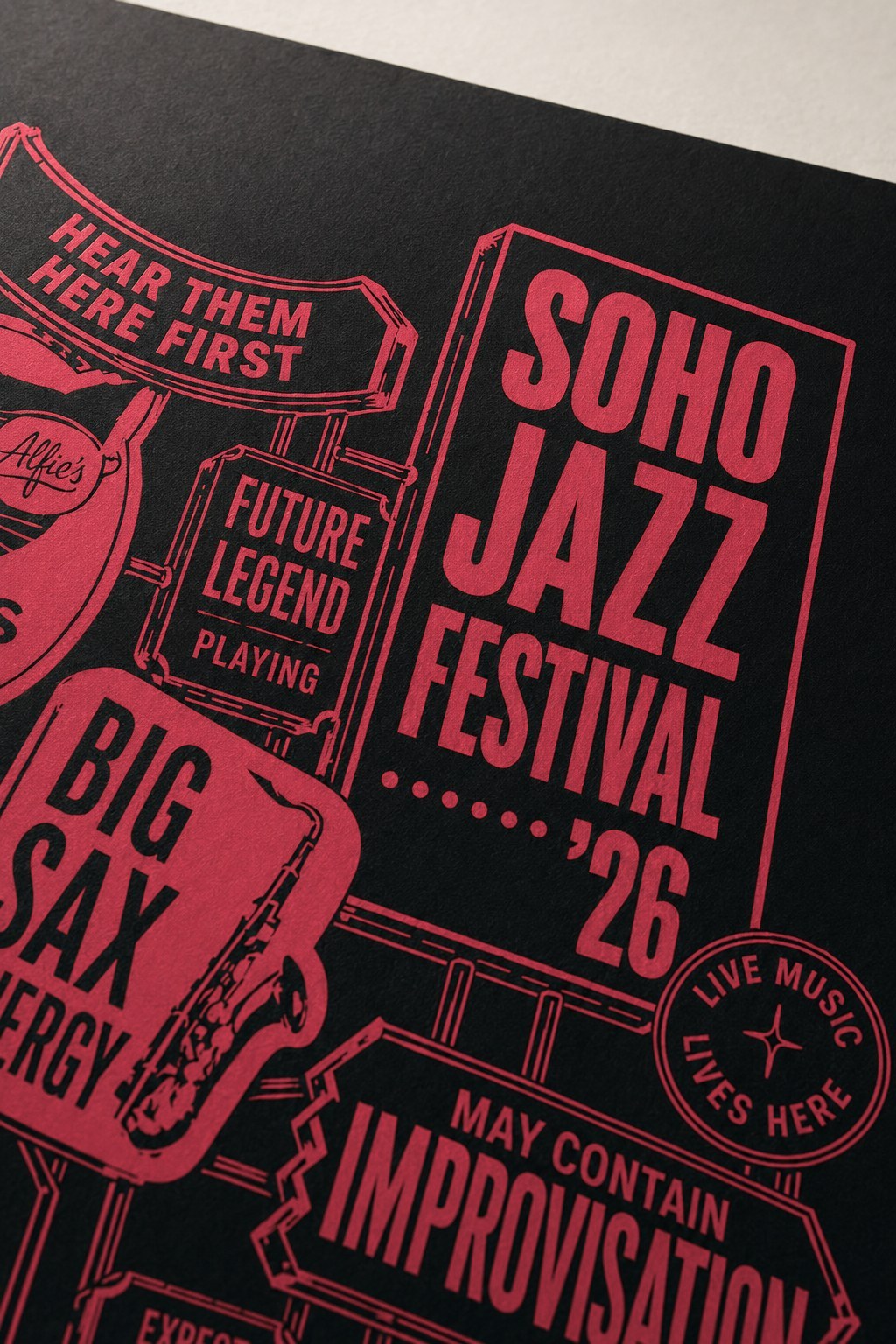 The 40th Print, close up of the Soho Jazz Festival '26 sign