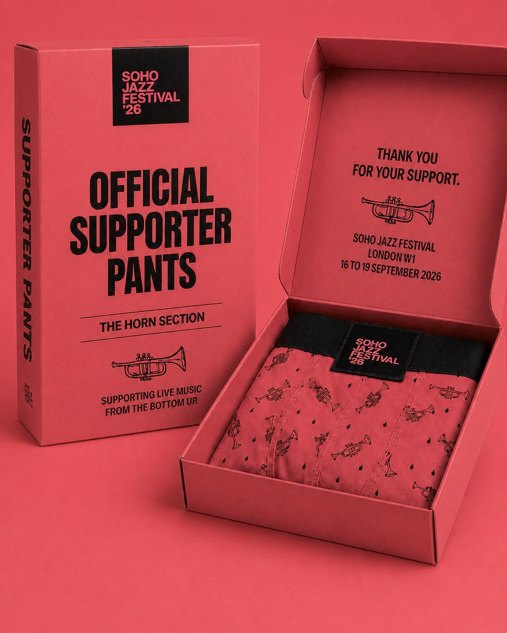 Soho Jazz Festival 2026 Official Supporter Pants in their watermelon box, The Horn Section