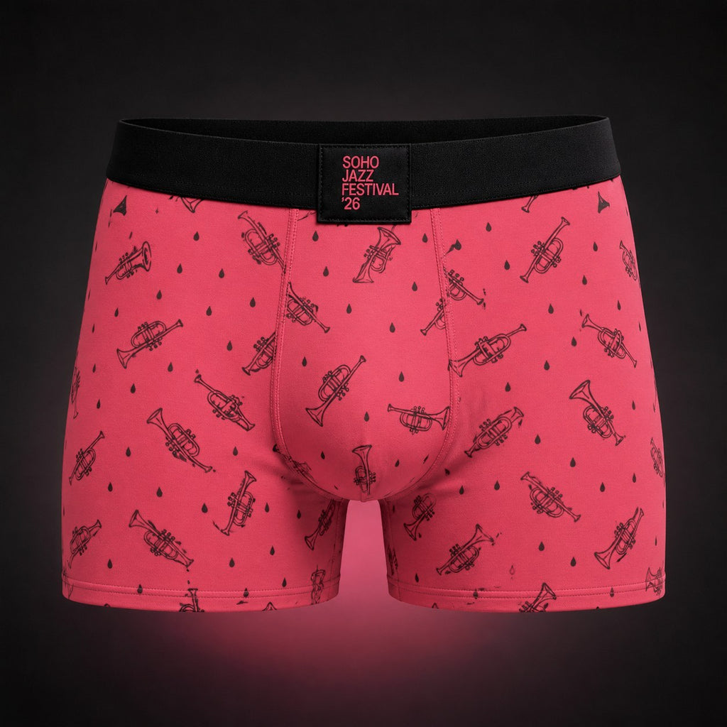 Official Supporter Pants, watermelon boxer briefs with a trumpet print and black waistband