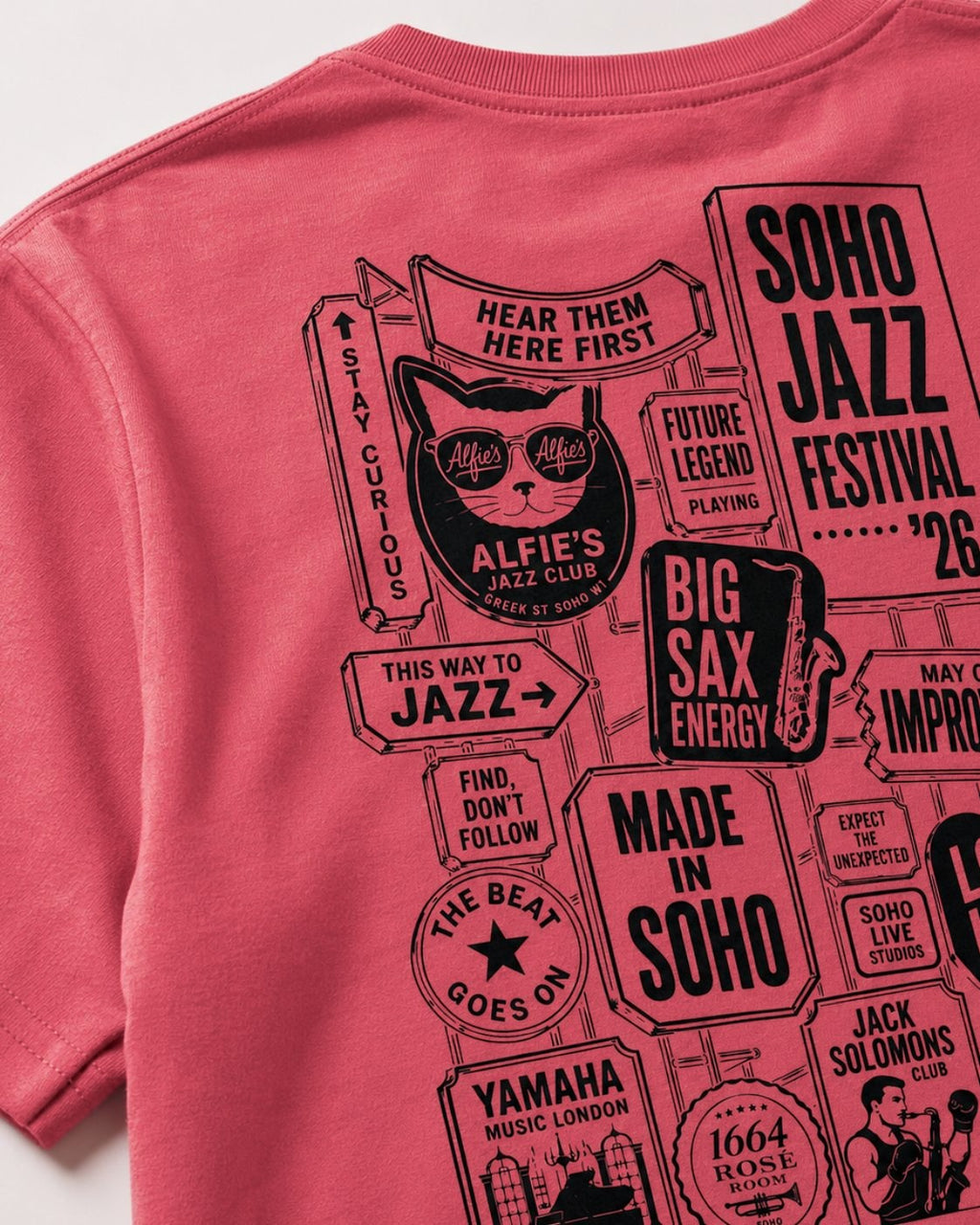 The '26 Tee in watermelon, back print close up