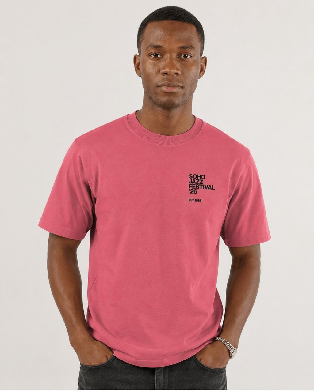The '26 Tee in watermelon, front with chest print