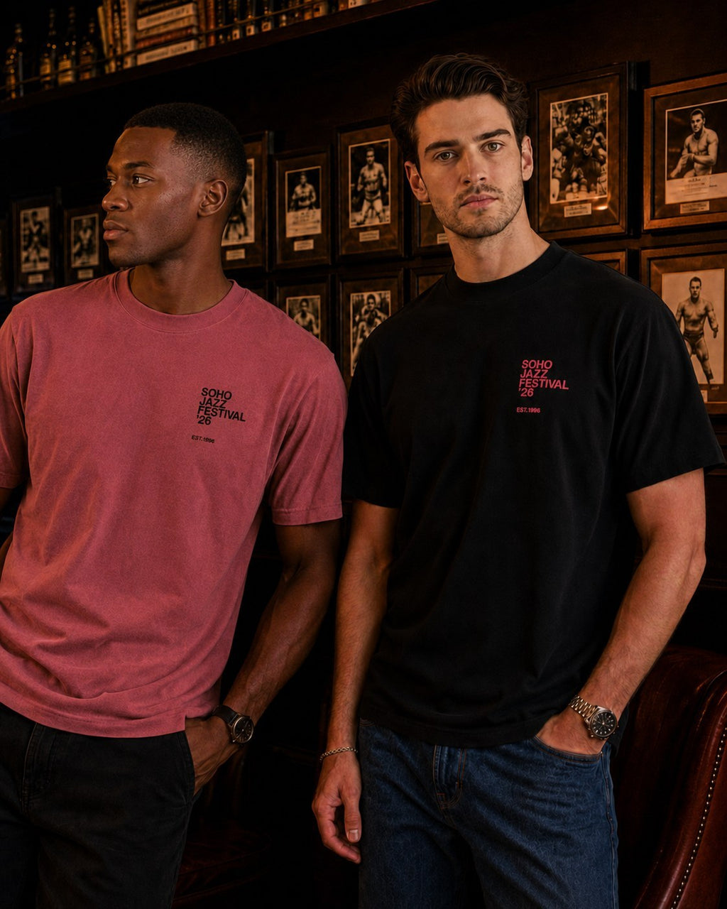 The '26 Tee in watermelon and vintage black, worn at a Soho bar