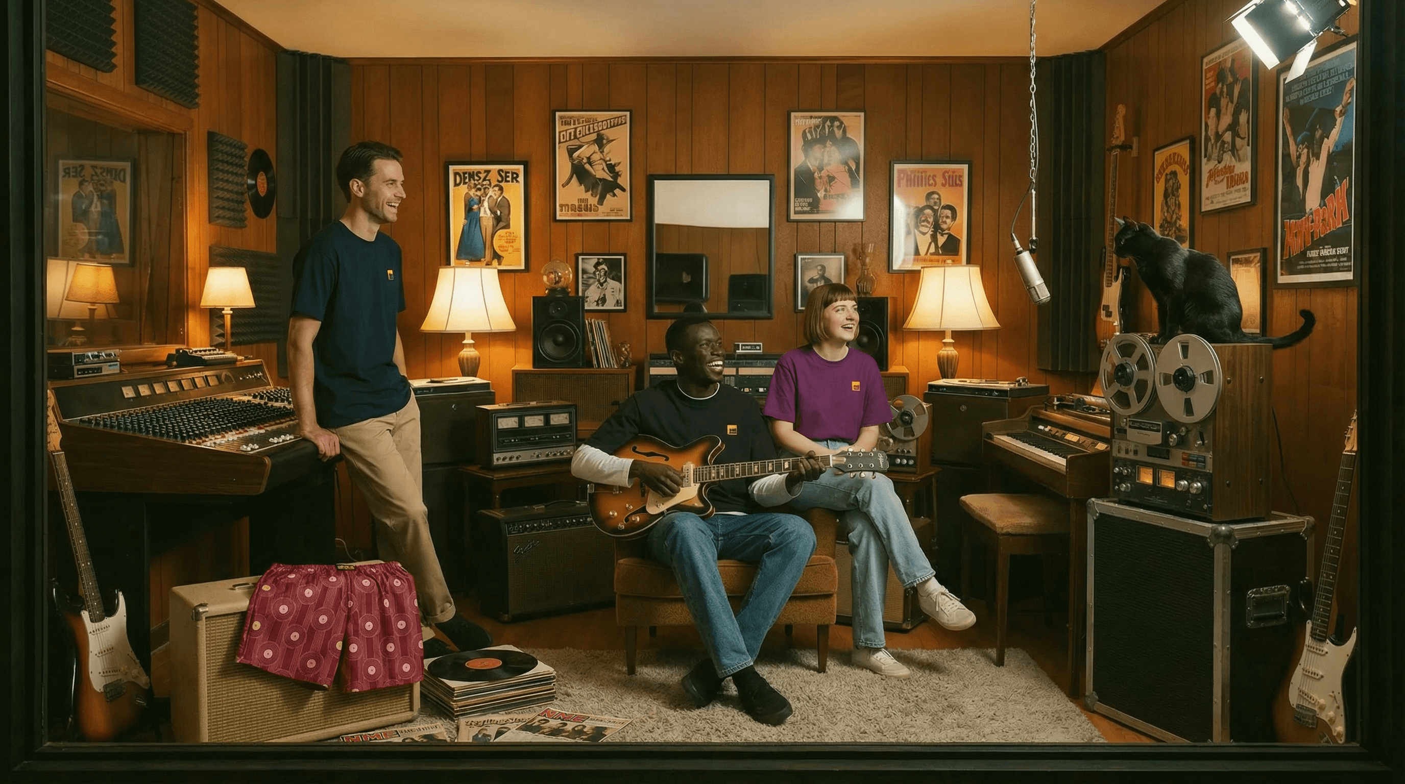Three people in a room with vintage music equipment and decor.